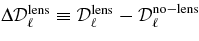 $\Delta {\cal D}_\ell ^{\rm lens} \equiv {\cal D}_\ell ^{\rm lens} - {\cal D}_\ell ^{\rm no-lens}$
