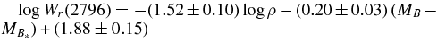 $\log W_r(2796) = -(1.52\pm 0.10) \log \rho - (0.20\pm 0.03)\,(M_B-M_{B_*}) + (1.88\pm 0.15)$