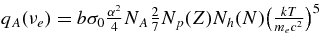 $q_A(\nu _e) = b\sigma _0 \frac{\alpha ^2}{4} N_A \frac{2}{7} N_p(Z) N_h(N)\big(\frac{kT}{m_e c^2} \big)^5$