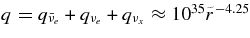 $q = q_{\bar{\nu }_e}+ q_{\nu _e}+ q_{\nu _x} \approx 10^{35}\tilde{r}^{-4.25}$