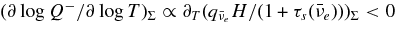 $({\partial \log { Q^-}} / {\partial \log {T}})_\Sigma \propto {\partial }_T (q_{\bar{\nu }_e}H/(1+\tau _s(\bar{\nu }_e)))_\Sigma < 0$