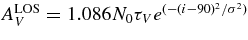 $A_V^{{\rm LOS}} = 1.086 N_0 \tau _{V} e^{(-(i-90)^{2}/\sigma ^{2})}$