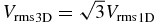 ${V_\mathrm{rms}}_{{\rm 3D}}={\sqrt{3}}{V_\mathrm{rms}}_{{\rm 1D}}$