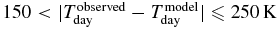 $150 < |T_\mathrm{day}^\mathrm{observed} - T_\mathrm{day}^\mathrm{model}| \le 250\,\mathrm{K}$
