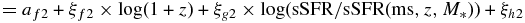 $\quad = a_{f2} + \xi_{f2} \times \log (1 + z) + \xi_{g2} \times \log ({\rm {\rm sSFR}/{\rm sSFR}}({\rm ms},z,M_*)) + \xi_{h2}$