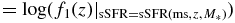 $\quad = \log (f_1 (z)|_{{\rm sSFR = sSFR(ms},z,M_*)})$
