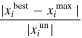 $\displaystyle \frac{| {x}_{i}^{\mathrm{best}}-{x}_{i}^{\mathrm{max}}| }{| {x}_{i}^{\mathrm{un}}| }$