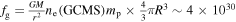 ${f}_{{\rm{g}}}\,=\,\tfrac{{GM}}{{r}^{2}}{n}_{{\rm{e}}}(\mathrm{GCMS}){m}_{{\rm{p}}}\times \tfrac{4}{3}\pi {R}^{3}\sim 4\times {10}^{30}$