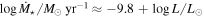 $\mathrm{log}{\dot{M}}_{\star }/{M}_{\odot }\,{\mathrm{yr}}^{-1}\approx -9.8+\mathrm{log}L/{L}_{\odot }$