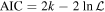 $\mathrm{AIC}=2k-2\,\mathrm{ln}{ \mathcal L }$
