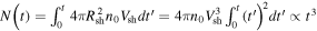 $N{\left(t,),=,{\int }_{0}^{t},4,\pi ,{R}_{\mathrm{sh}}^{2},{n}_{0},{V}_{\mathrm{sh}},{{dt}}^{{\prime} },=,4,\pi ,{n}_{0},{V}_{\mathrm{sh}}^{3},{\int }_{0}^{t},(,{t}^{{\prime} }\right)}^{2}{{dt}}^{{\prime} }\propto {t}^{3}$