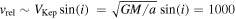 ${v}_{\mathrm{rel}}\sim {V}_{\mathrm{Kep}}\sin (i)\,=\sqrt{{GM}/a}\sin (i)=1000$