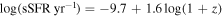 $\mathrm{log}(\mathrm{sSFR}\,{\mathrm{yr}}^{-1})=-9.7+1.6\mathrm{log}(1+z)$