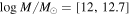 $\mathrm{log}\,M/{M}_{\odot }=[12,12.7]$