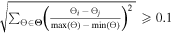 $\sqrt{{\sum }_{{\rm{\Theta }}\in {\boldsymbol{\Theta }}}{\left(\tfrac{{{\rm{\Theta }}}_{i}-{{\rm{\Theta }}}_{j}}{\max ({\rm{\Theta }})-\min ({\rm{\Theta }})}\right)}^{2}}\geqslant 0.1$