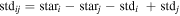 ${\mathrm{std}}_{{ij}}={\mathrm{star}}_{i}-{\mathrm{star}}_{j}-{\mathrm{std}}_{i}\,+{\mathrm{std}}_{j}$
