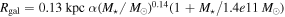 ${R}_{\mathrm{gal}}=0.13\,\mathrm{kpc}\,\alpha {({M}_{\star }/{M}_{\odot })}^{0.14}(1+{M}_{\star }/1.4e11\,{M}_{\odot })$