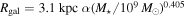 ${R}_{\mathrm{gal}}=3.1\,\mathrm{kpc}\,\alpha {({M}_{\star }/{10}^{9}{M}_{\odot })}^{0.405}$