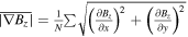 $\overline{\left|{\rm{\nabla }}{B}_{z}\right|}=\tfrac{1}{N}\sum \sqrt{{\left(\tfrac{\partial {B}_{z}}{\partial x}\right)}^{2}+{\left(\tfrac{\partial {B}_{z}}{\partial y}\right)}^{2}}$