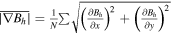 $\overline{\left|{\rm{\nabla }}{B}_{h}\right|}=\tfrac{1}{N}\sum \sqrt{{\left(\tfrac{\partial {B}_{h}}{\partial x}\right)}^{2}+{\left(\tfrac{\partial {B}_{h}}{\partial y}\right)}^{2}}$