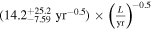 $({14.2}_{-7.59}^{+25.2}\ {\mathrm{yr}}^{-0.5})\times {\left(\tfrac{L}{\mathrm{yr}}\right)}^{-0.5}$