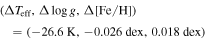 $\left({\rm{\Delta }}{T}_{\mathrm{eff}},{\rm{\Delta }}\mathrm{log}g,{\rm{\Delta }}\left[\mathrm{Fe}/{\rm{H}}\right]\right)=\left(-26.6\,{\rm{K}},-0.026\,\mathrm{dex},0.018\,\mathrm{dex}\right)$