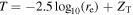 $T=-2.5{\mathrm{log}}_{10}\left({r}_{{\rm{e}}}\right)+{Z}_{{\rm{T}}}$