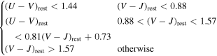 $\left\{\begin{array}{ll}{(U-V)}_{{\rm{rest}}}\lt 1.44 & {(V-J)}_{{\rm{rest}}}\lt 0.88\\ {(U-V)}_{{\rm{rest}}}\lt 0.81{(V-J)}_{{\rm{rest}}}+0.73 & 0.88\lt {(V-J)}_{{\rm{rest}}}\lt 1.57\\ {(V-J)}_{{\rm{rest}}}\gt 1.57 & {\rm{otherwise}}\end{array}\right.$