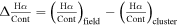 ${\rm{\Delta }}\tfrac{{\rm{H}}\alpha }{\mathrm{Cont}}={\left(\tfrac{{\rm{H}}\alpha }{\mathrm{Cont}}\right)}_{\mathrm{field}}-{\left(\tfrac{{\rm{H}}\alpha }{\mathrm{Cont}}\right)}_{\mathrm{cluster}}$