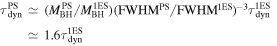 ${\tau }_{\mathrm{dyn}}^{\mathrm{PS}}\,\simeq \,{({M}_{\mathrm{BH}}^{\mathrm{PS}}/{M}_{\mathrm{BH}}^{1\mathrm{ES}})({\mathrm{FWHM}}^{\mathrm{PS}}/{\mathrm{FWHM}}^{1\mathrm{ES}})}^{-3}{\tau }_{\mathrm{dyn}}^{1\mathrm{ES}}\,\simeq \,1.6{\tau }_{\mathrm{dyn}}^{1\mathrm{ES}}$