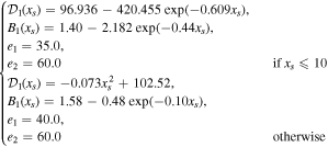 $\left\{\begin{array}{c}{{ \mathcal D }}_{1}({x}_{s})=96.936-420.455\,\exp (-0.609{x}_{s}),\\ {B}_{1}({x}_{s})=1.40-2.182\,\exp (-0.44{x}_{s}),\\ {e}_{1}=35.0,\\ {e}_{2}=60.0 & \,{\rm{i}}{\rm{f}}\,{x}_{s}\leqslant 10\\ {{ \mathcal D }}_{1}({x}_{s})=-0.073{x}_{s}^{2}+102.52,\\ {B}_{1}({x}_{s})=1.58-0.48\,\exp (-0.10{x}_{s}),\\ {e}_{1}=40.0,\\ {e}_{2}=60.0 & \,{\rm{o}}{\rm{t}}{\rm{h}}{\rm{e}}{\rm{r}}{\rm{w}}{\rm{i}}{\rm{s}}{\rm{e}}\end{array}\right.$
