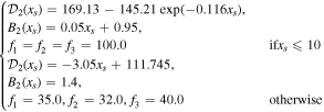 $\left\{\begin{array}{l}{{ \mathcal D }}_{2}({x}_{s})=169.13-145.21\,\exp (-0.116{x}_{s}),\\ {B}_{2}({x}_{s})=0.05{x}_{s}+0.95,\\ {f}_{1}={f}_{2}={f}_{3}=100.0 & \quad \mathrm{if}{x}_{s}\leqslant 10\\ {{ \mathcal D }}_{2}({x}_{s})=-3.05{x}_{s}+111.745,\\ {B}_{2}({x}_{s})=1.4,\\ {f}_{1}=35.0,{f}_{2}=32.0,{f}_{3}=40.0 & \quad \mathrm{otherwise}\end{array}\right.$