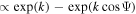 $\propto \ \exp (k)-\exp (k\cos {\rm{\Psi }})$