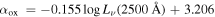 ${\alpha }_{{\rm\small{}}\mathrm{ox}}=-0.155\mathrm{log}{L}_{\nu }(2500\,\mathring{\rm{A}} )+3.206$