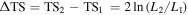${\rm{\Delta }}\mathrm{TS}={\mathrm{TS}}_{2}-{\mathrm{TS}}_{1}\,=2\mathrm{ln}\left({L}_{2}/{L}_{1}\right)$