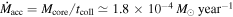 ${\dot{M}}_{\mathrm{acc}}={M}_{\mathrm{core}}/{t}_{\mathrm{coll}}\simeq 1.8\times {10}^{-4}\,{M}_{\odot }\,{\mathrm{year}}^{-1}$