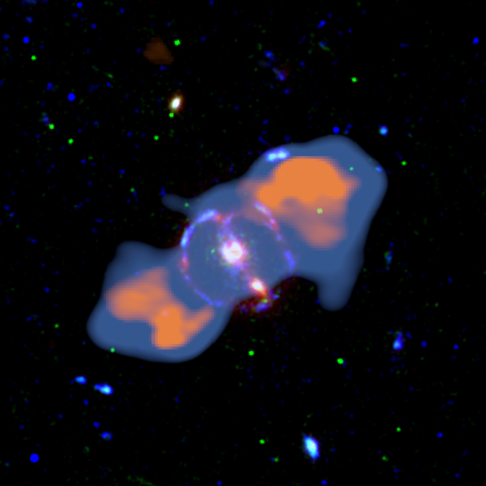 Multiwavelength image of 3C 220.3 (red/green/blue: Hubble, blue-grey: Chandra, orange: JVLA)