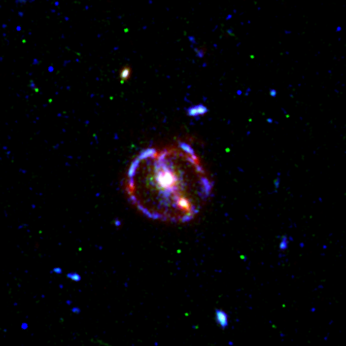 Color composite HST visible/near-infrared image of 3C 220.3 (filters F606W, F814W, and F160W colored blue, green, and red)
