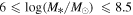 $6\leqslant {\mathrm{log}}\,({M}_{* }/{M}_{\odot })\,\leqslant 8.5$