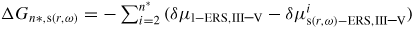 $\Delta G_{n\ast ,{\rm s}(r,\omega )} =-\sum\nolimits_{i=2}^{n^{\ast}} {(\delta \mu_{{\rm l-ERS},{\rm III\mbox{--}V}} -\delta \mu_{{\rm s}(r,\omega ){\rm -ERS,III\mbox{--}V}}^{i} )}$