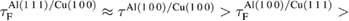 $\tau^{\rm Al(1\, 1\, 1)/Cu(1\, 0\, 0)}_{\rm F} \approx \tau^{\rm Al(1\, 0\, 0)/Cu(1\, 0\, 0)} > \tau^{\rm Al(1\, 0\, 0)/Cu(1\, 1\, 1)}_{\rm F} > $