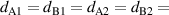 ${d_{{\text{A1}}}} = {d_{{\text{B1}}}} = {d_{{\text{A2}}}} = {d_{{\text{B2}}}} = $