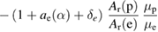 $ -\left(1+a_{\rm e}(\alpha) + \delta_e\right)\, \displaystyle \frac{A_{\rm r}({\rm p})}{A_{\rm r}({\rm e})}\, \displaystyle \frac{\mu_{\rm p}}{\mu_{\rm e}}$ 