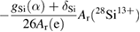 $ -\displaystyle \frac{g_{\rm Si}(\alpha)+\delta_{\rm Si}}{26 A_{\rm r}({\rm e})} A_{\rm r}({\hspace{0pt}}^{28}{\rm Si}^{13+}) $ 