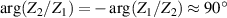 $\arg (Z_2/Z_1) = -\arg (Z_1/Z_2)\approx 90^\circ$