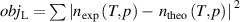 $ob{j_{\text{L}}} = \mathop \sum \nolimits {\left| {{n_{{\text{exp}}}}\left( {T,p} \right) - \left. {{n_{{\text{theo}}}}\left( {T,p} \right)} \right|} \right.^2}$
