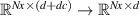 ${\mathbb{R}^{\textit{Nx} \times (d + dc)} \to \mathbb{R}^{\textit{Nx} \times d}}$