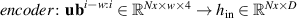 $\textit{encoder} \colon \mathbf{ub}^{i-w:i} \in \mathbb{R}^{\textit{Nx}\times w \times 4} \to h_\mathrm{in} \in \mathbb{R}^{\textit{Nx} \times D}$