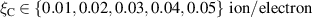 $\xi_{\mathrm{C}} \in \{0.01, 0.02, 0.03, 0.04, 0.05\}~\mathrm{ion/electron}$