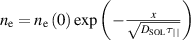 ${n_{\text{e}}} = {n_{\text{e}}}\left( 0 \right){\text{exp}}\left( { - \frac{x}{{\sqrt {{D_{{\text{SOL}}}}{\tau _{||}}} }}} \right)$